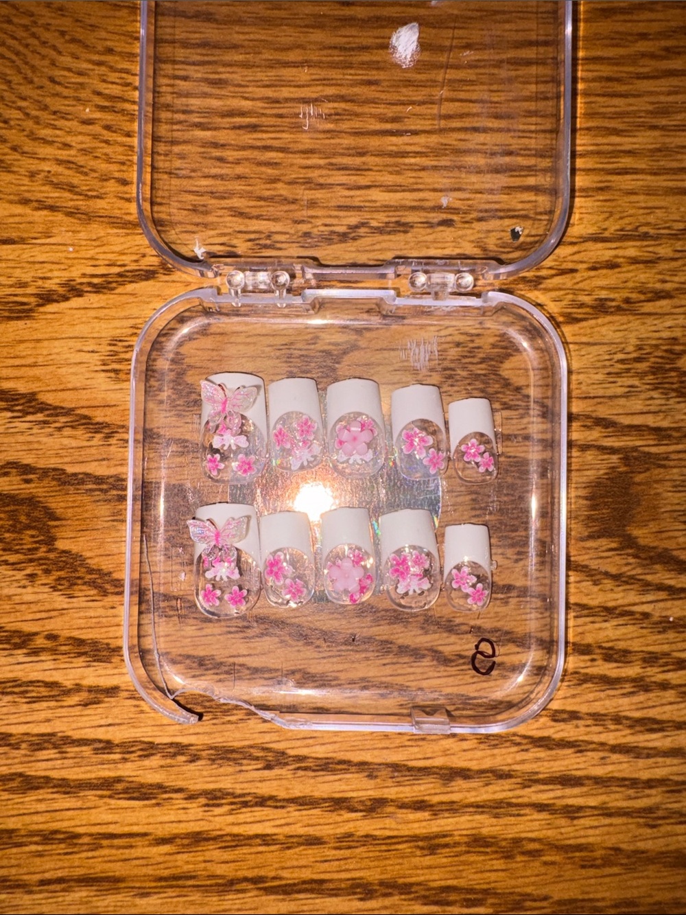 Press-On Nail Set with Pink Floral Accents - White Tips